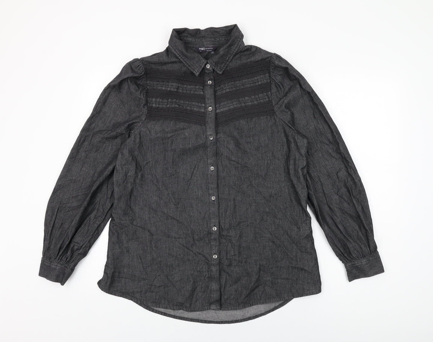 Marks and Spencer Womens Black Cotton Basic Button-Up Size 10 Collared
