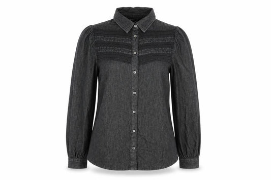 Front view of Marks & Spencer women’s black cotton basic button-up, size UK 10, collared