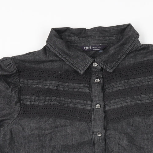 Marks and Spencer Womens Black Cotton Basic Button-Up Size 10 Collared
