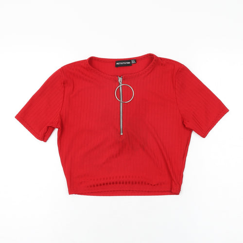 PRETTYLITTLETHING Womens Red Polyester Basic T-Shirt Size 12 Round Neck