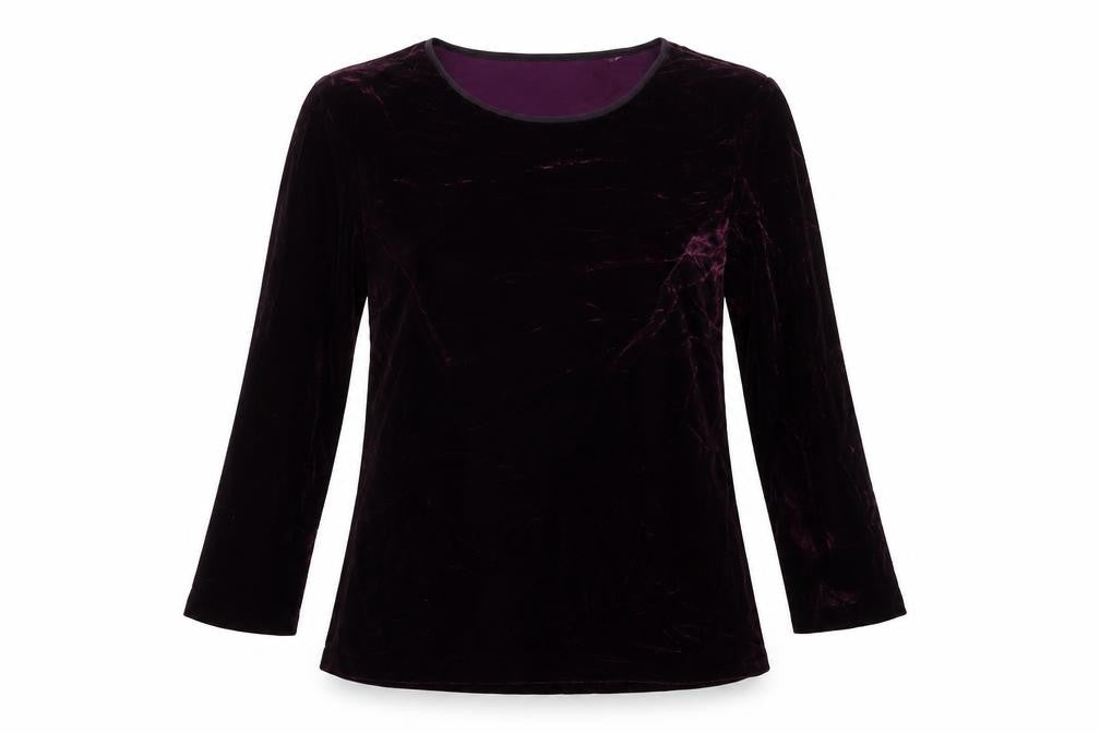 Front view of Fenn Wright Manson women’s purple viscose basic t-shirt, size UK 14, round neck