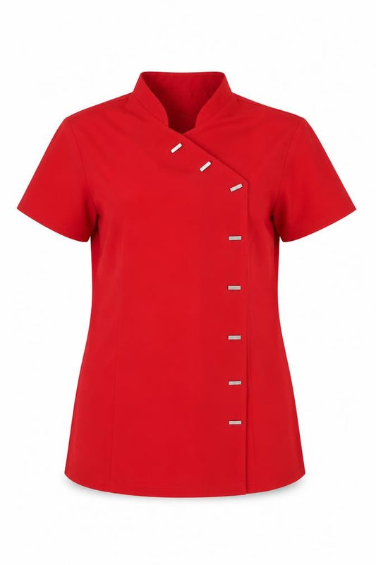 Front view of Simon Jersey women’s red polyester basic button-up, size UK 14, v-neck