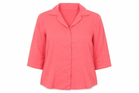 Front view of Marks & Spencer women’s pink viscose basic button-up, size UK 18, collared
