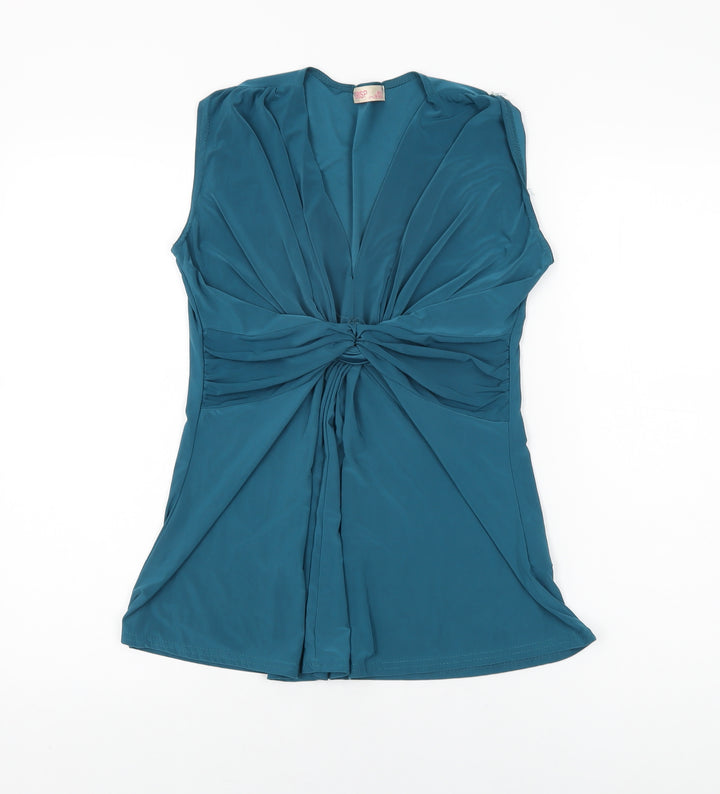 Krisp Womens Blue Polyester Basic T-Shirt Size 14 V-Neck