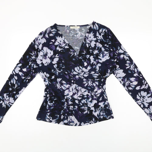 Kaliko Womens Blue Floral Polyester Basic T-Shirt Size 10 V-Neck