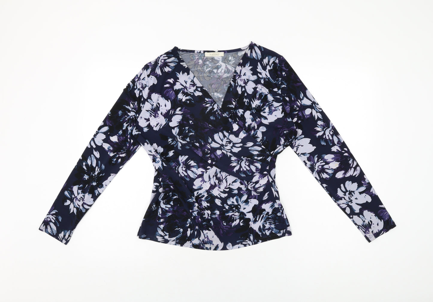 Kaliko Womens Blue Floral Polyester Basic T-Shirt Size 10 V-Neck