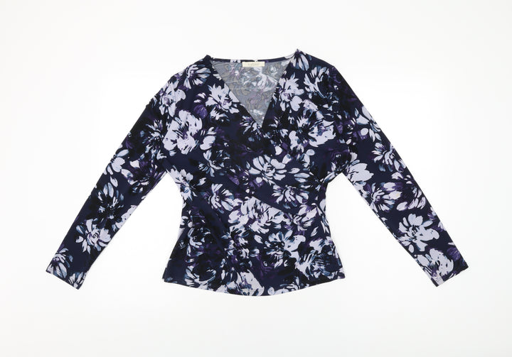 Kaliko Womens Blue Floral Polyester Basic T-Shirt Size 10 V-Neck