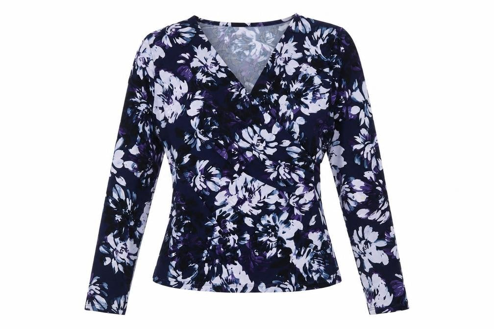 Front view of Kaliko women’s blue floral polyester basic t-shirt, size UK 10, v-neck
