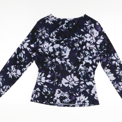 Kaliko Womens Blue Floral Polyester Basic T-Shirt Size 10 V-Neck