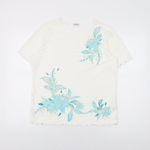 Damart Womens White Floral Polyester Basic T-Shirt Size 14 Round Neck