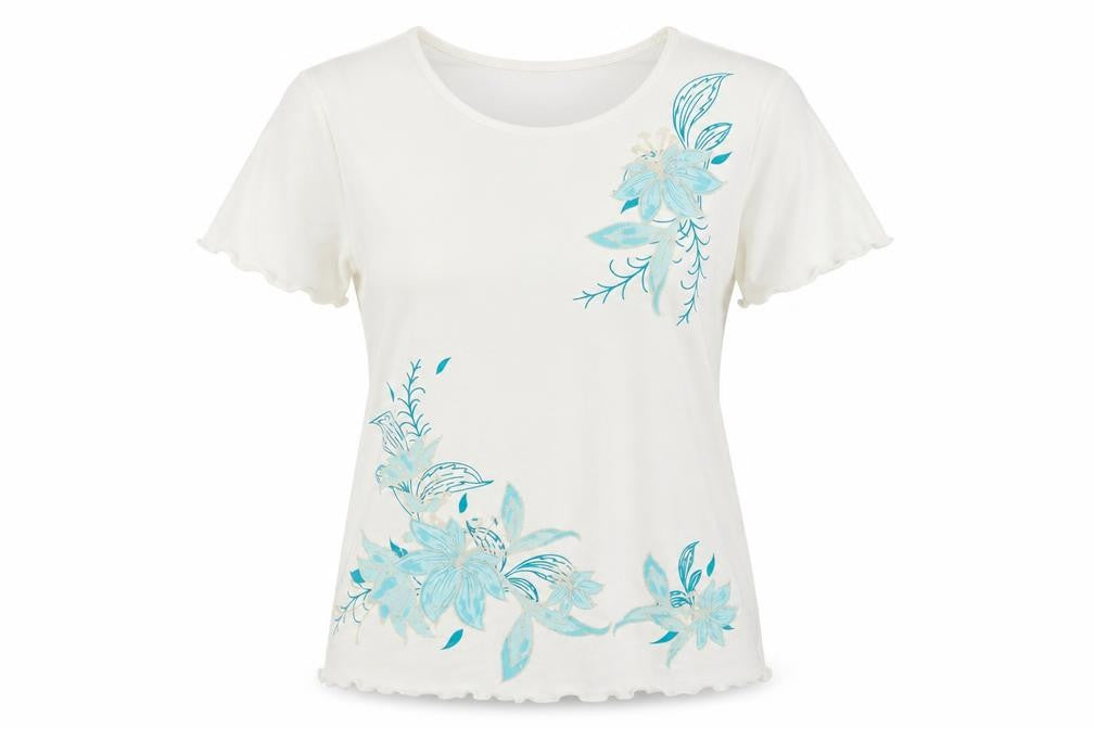 Front view of Damart women’s white floral polyester basic t-shirt, size UK 14, round neck