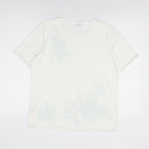 Damart Womens White Floral Polyester Basic T-Shirt Size 14 Round Neck