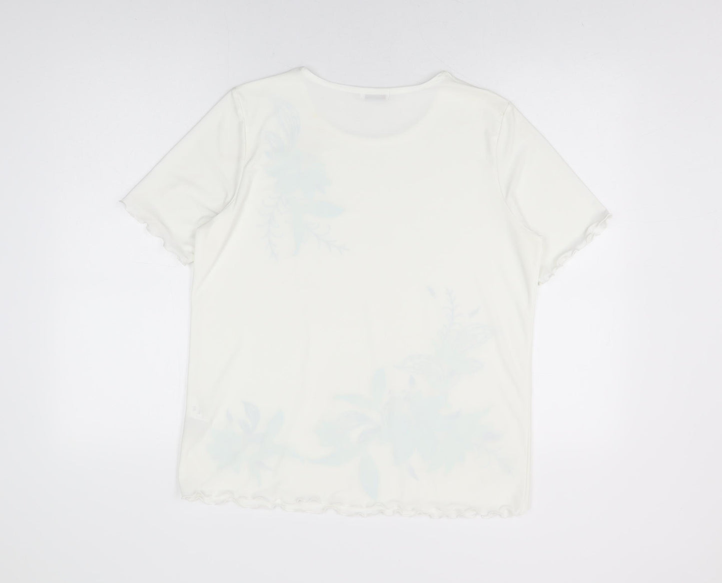 Damart Womens White Floral Polyester Basic T-Shirt Size 14 Round Neck