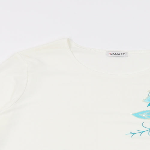 Damart Womens White Floral Polyester Basic T-Shirt Size 14 Round Neck