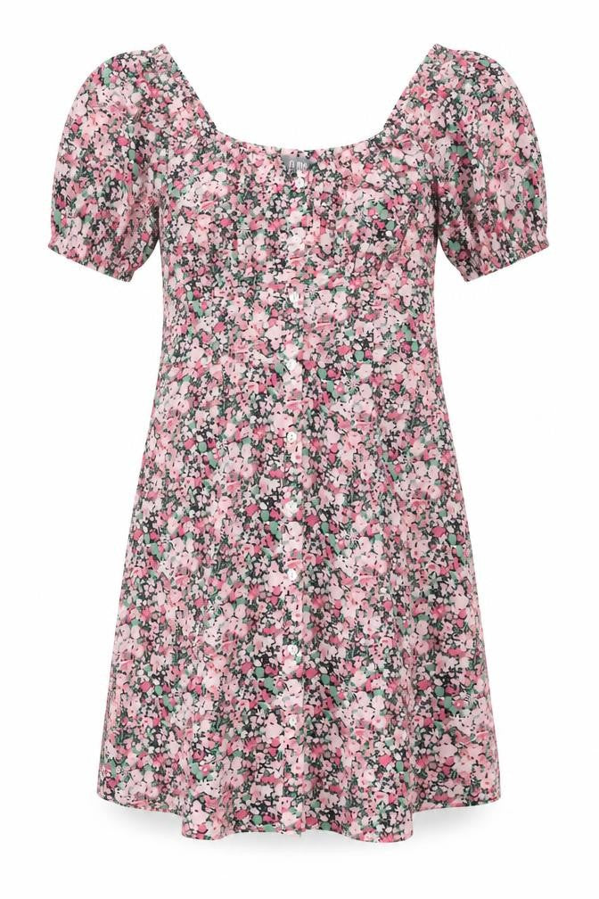 Front view of Fluid women’s pink floral polyester shift, size UK 12, sweetheart button