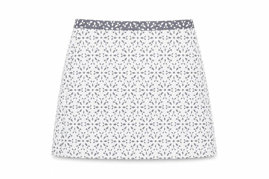 Front view of Topshop women’s white floral polyester mini skirt, size UK 8, zip