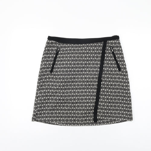 Wallis Womens Black Geometric Cotton A-Line Skirt Size 10 Zip
