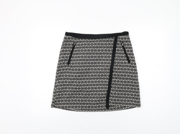 Wallis Womens Black Geometric Cotton A-Line Skirt Size 10 Zip