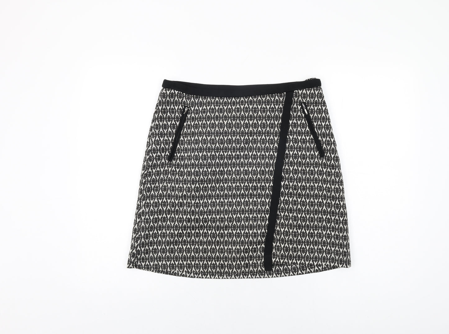 Wallis Womens Black Geometric Cotton A-Line Skirt Size 10 Zip