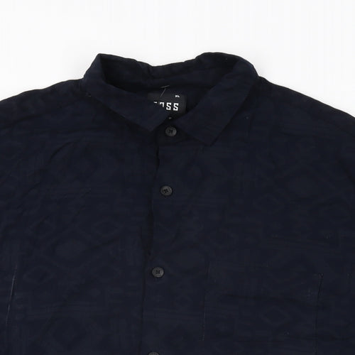 TOSS Mens Blue Geometric Polyester Button-Up Size XL Collared Button