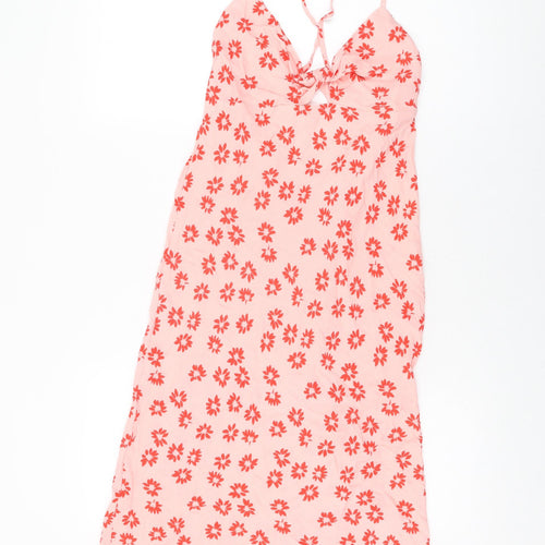 Bershka Womens Pink Floral Viscose Shift Size M V-Neck Tie