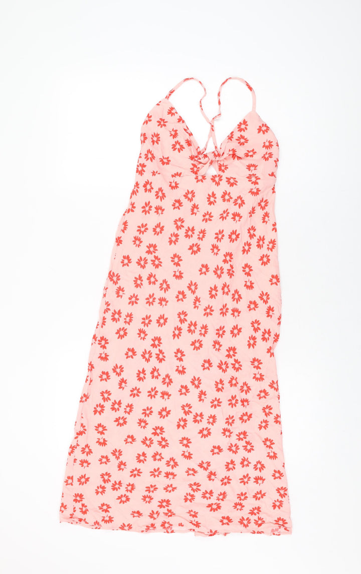 Bershka Womens Pink Floral Viscose Shift Size M V-Neck Tie