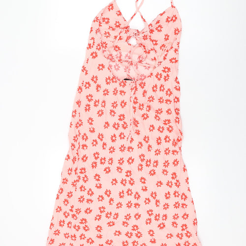 Bershka Womens Pink Floral Viscose Shift Size M V-Neck Tie