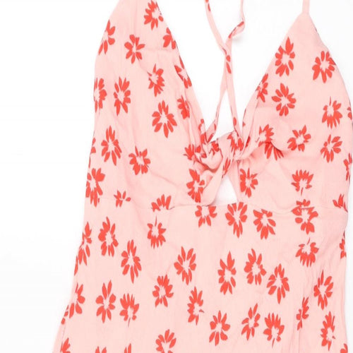 Bershka Womens Pink Floral Viscose Shift Size M V-Neck Tie