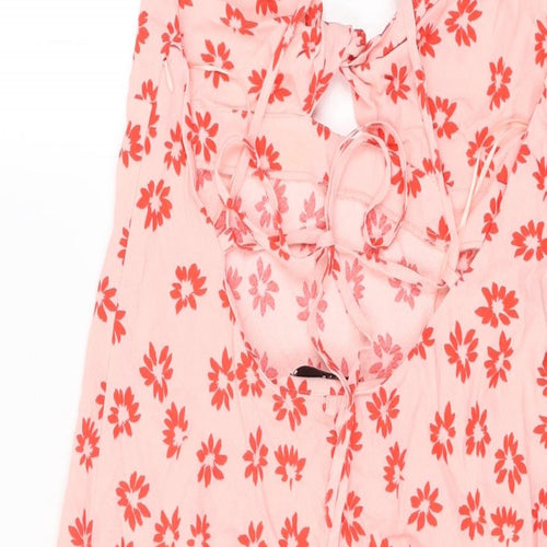 Bershka Womens Pink Floral Viscose Shift Size M V-Neck Tie