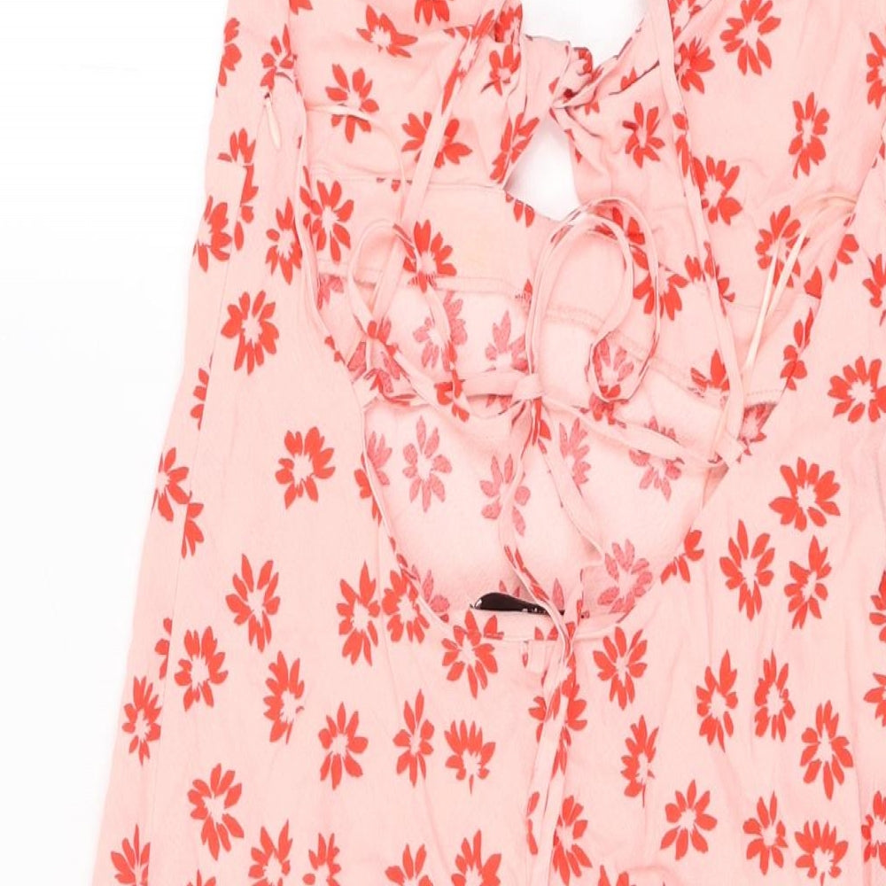 Bershka Womens Pink Floral Viscose Shift Size M V-Neck Tie