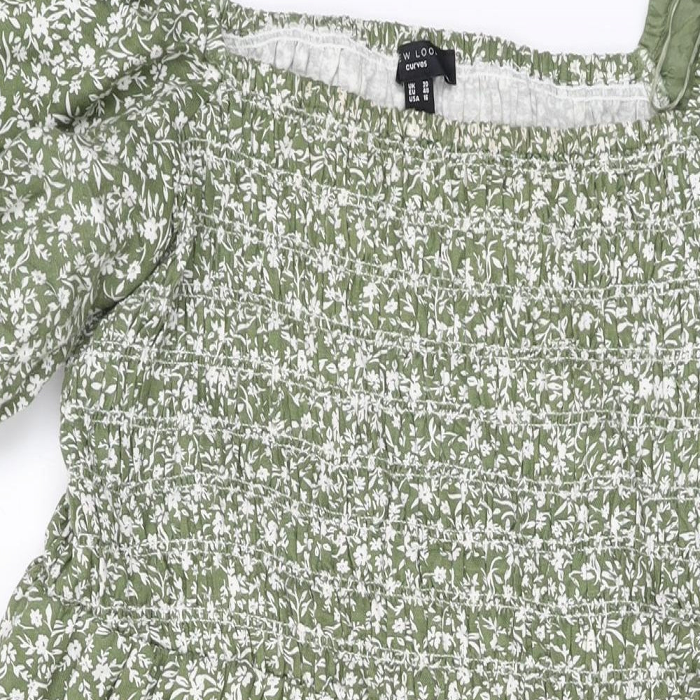 New Look Womens Green Floral Cotton A-Line Size 20 Square Neck Pullover
