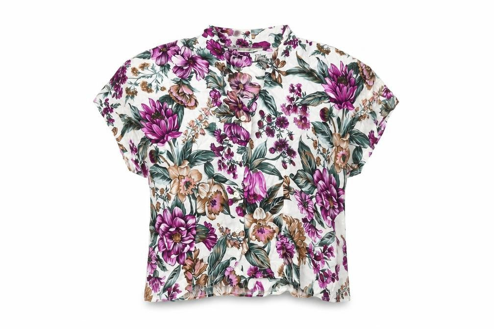 Front view of Debenhams women’s white floral viscose basic button-up, size UK 16, v-neck