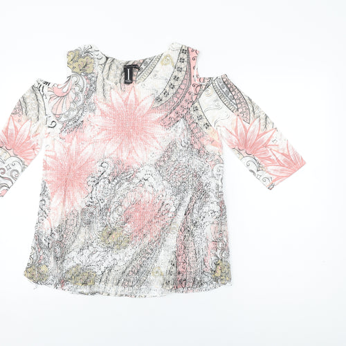 Izabel London Womens White Floral Polyester Basic T-Shirt Size 8 Round Neck