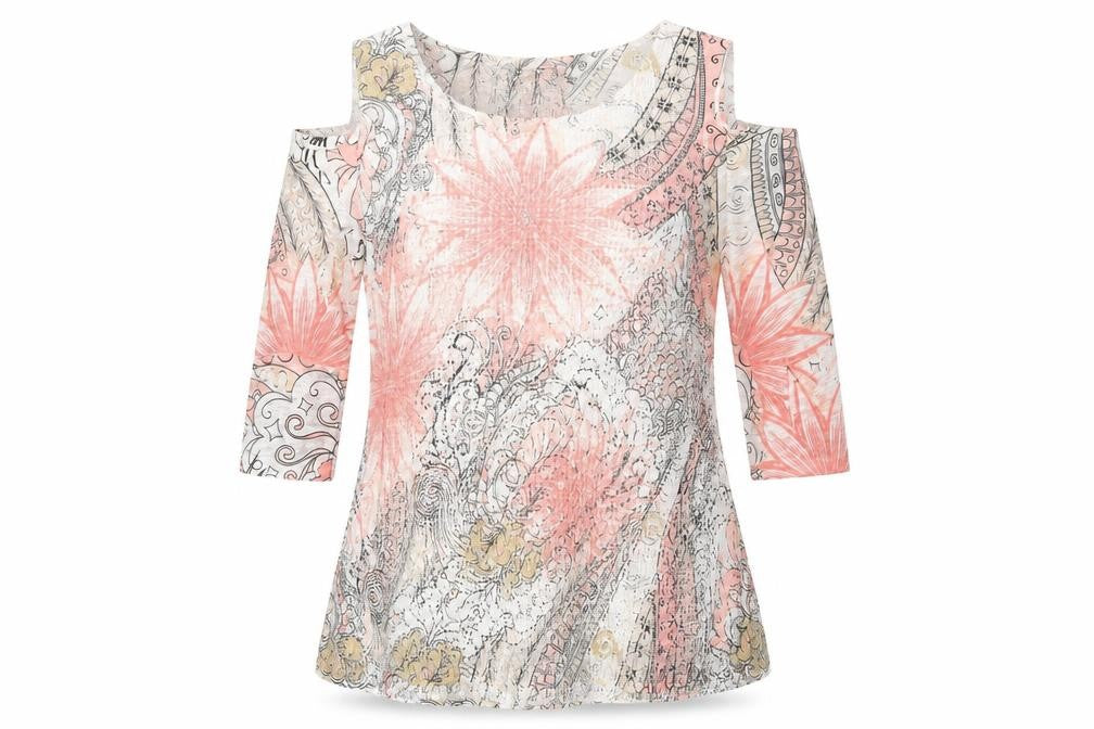 Front view of Izabel London women’s white floral polyester basic t-shirt, size UK 8, round neck