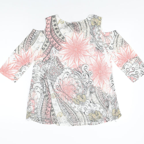 Izabel London Womens White Floral Polyester Basic T-Shirt Size 8 Round Neck