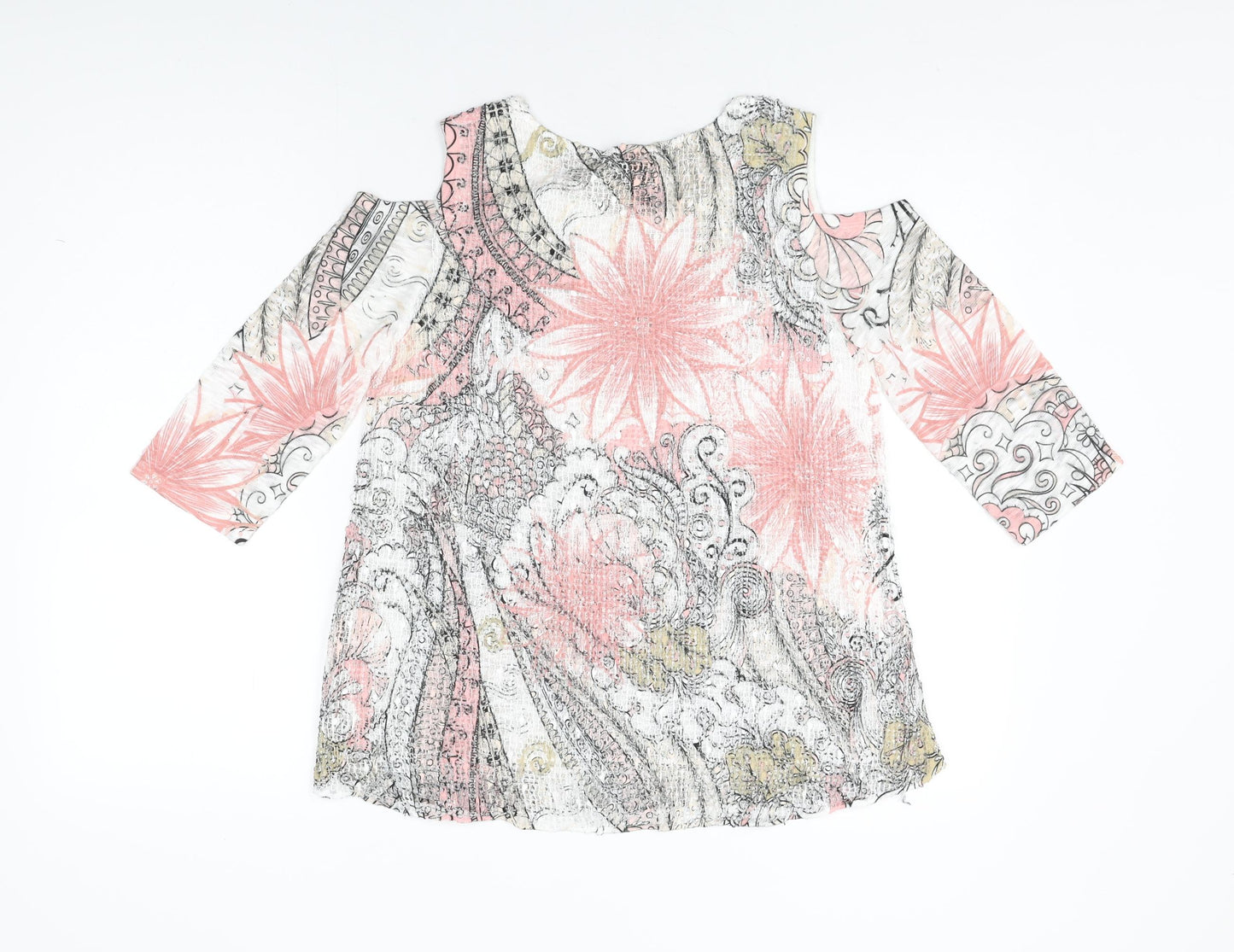 Izabel London Womens White Floral Polyester Basic T-Shirt Size 8 Round Neck