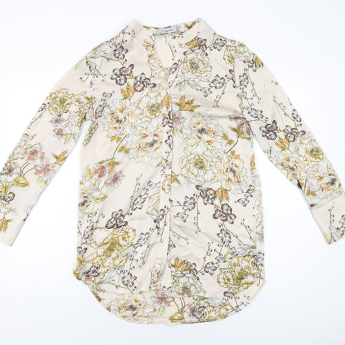Riva Womens Beige Floral Polyester Basic Button-Up Size S V-Neck