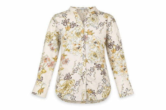 Front view of Riva women’s beige floral polyester basic button-up, size S, v-neck