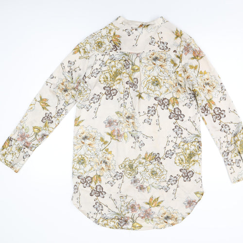 Riva Womens Beige Floral Polyester Basic Button-Up Size S V-Neck