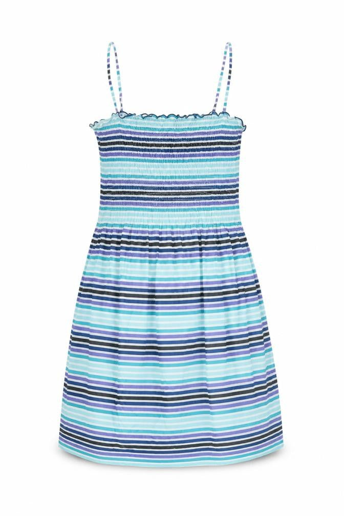 Front view of H&M women’s blue striped cotton shift, size UK 10, square neck pullover