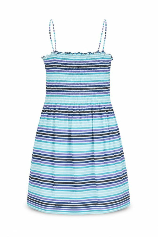 Front view of H&M women’s blue striped cotton shift, size UK 10, square neck pullover