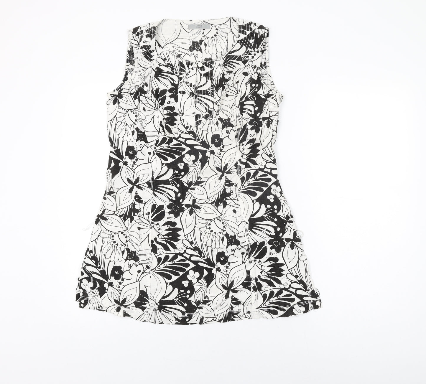Marks and Spencer Womens White Floral Linen Basic T-Shirt Size 10 Round Neck