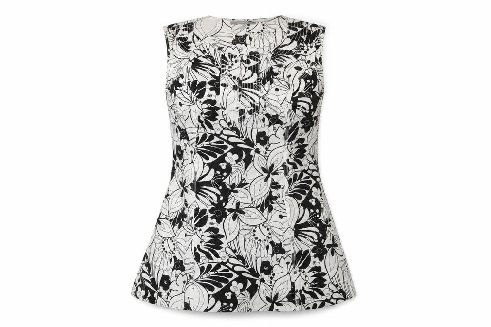 Front view of Marks & Spencer women’s white floral linen basic t-shirt, size UK 10, round neck