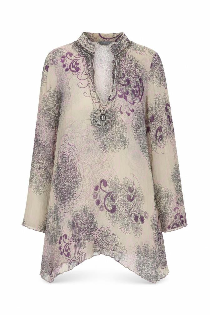 Front view of Per Una women’s beige floral polyester tunic blouse, size UK 12, v-neck