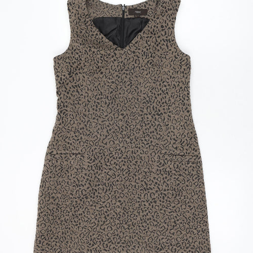 NEXT Womens Brown Geometric Polyester Shift Size 10 V-Neck Zip