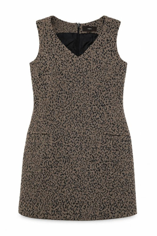 Front view of Next women’s brown geometric polyester shift, size UK 10, v-neck zip