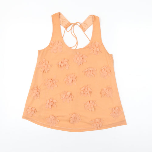 Topshop Womens Orange Floral Polyester Basic Blouse Size 8 Round Neck