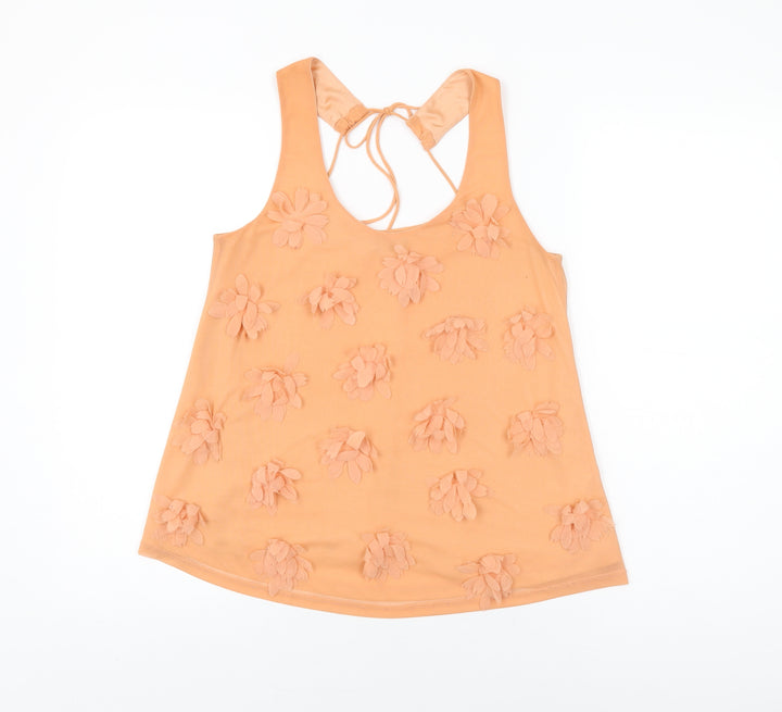 Topshop Womens Orange Floral Polyester Basic Blouse Size 8 Round Neck