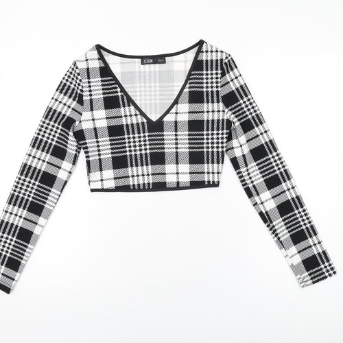CBR Womens Black Geometric Polyester Cropped T-Shirt Size S V-Neck