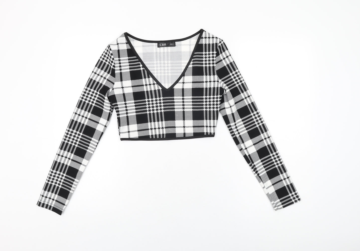 CBR Womens Black Geometric Polyester Cropped T-Shirt Size S V-Neck